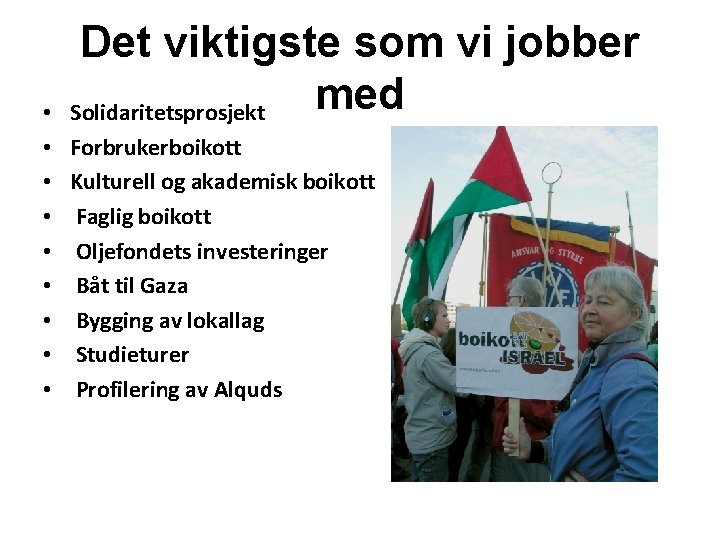  • • • Det viktigste som vi jobber med Solidaritetsprosjekt Forbrukerboikott Kulturell og