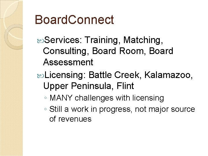 Board. Connect Services: Training, Matching, Consulting, Board Room, Board Assessment Licensing: Battle Creek, Kalamazoo,