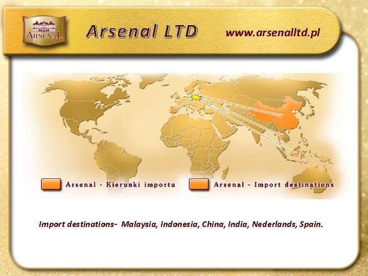 Arsenal LTD www. arsenalltd. pl Import destinations- Malaysia, Indonesia, China, India, Nederlands, Spain. 
