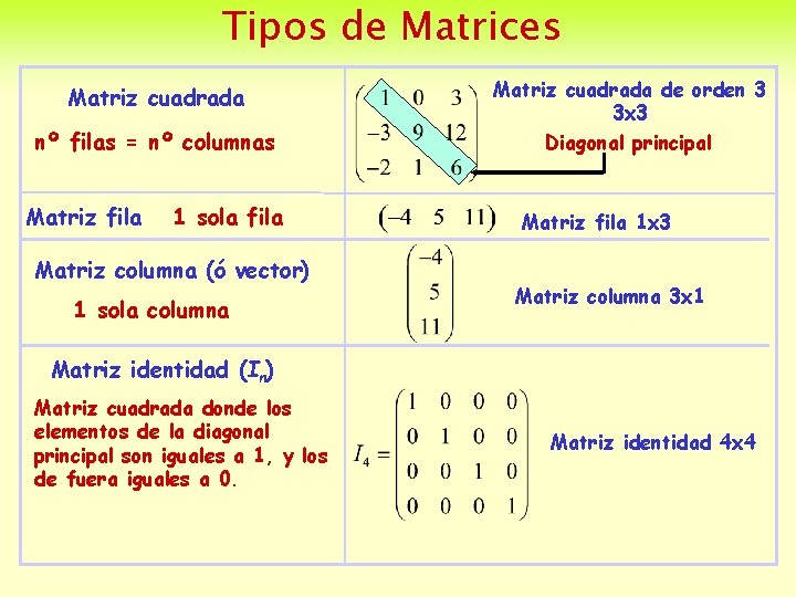 Tipos de Matrices Matriz cuadrada nº filas = nº columnas Matriz fila 1 sola