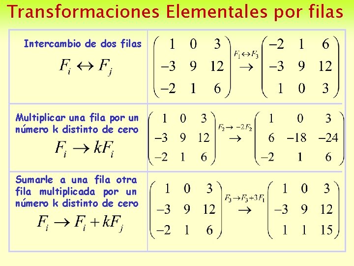 Transformaciones Elementales por filas Intercambio de dos filas Multiplicar una fila por un número