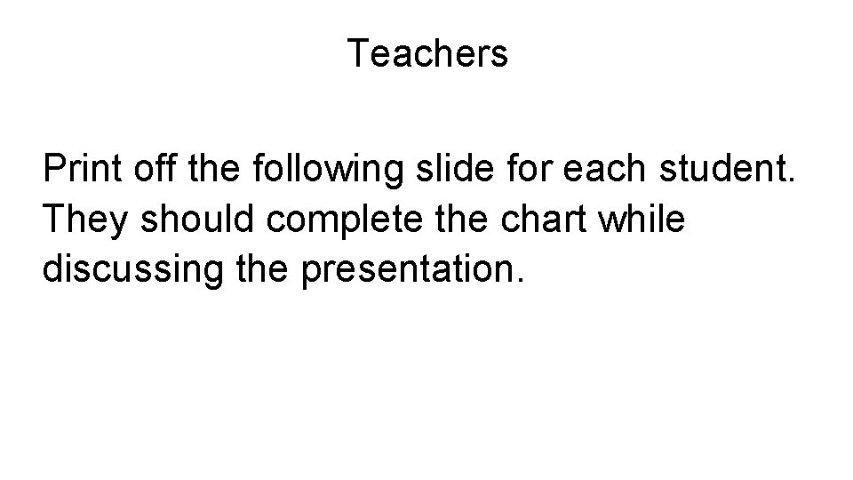 Teachers Print off the following slide for each student. They should complete the chart