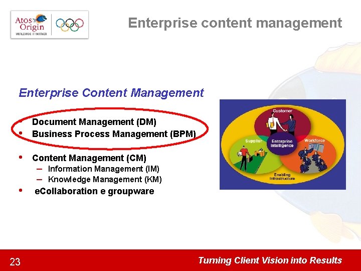 Enterprise content management Enterprise Content Management • • Document Management (DM) Business Process Management