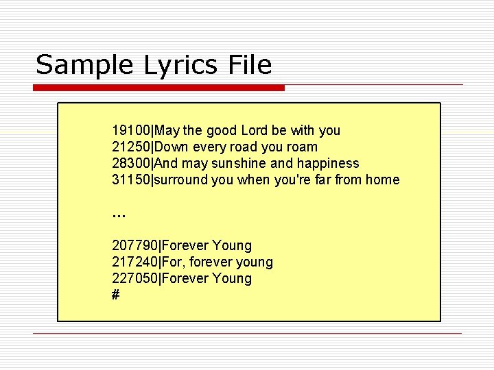 Sample Lyrics File 19100|May the good Lord be with you 21250|Down every road you