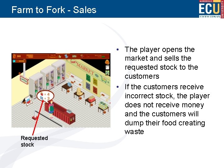 Farm to Fork - Sales Requested stock • The player opens the market and