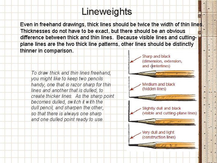 Lineweights Even in freehand drawings, thick lines should be twice the width of thin