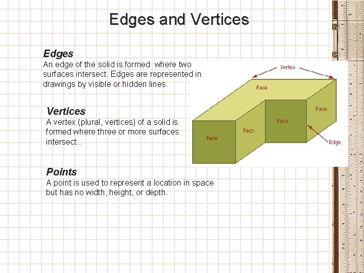 Edges and Vertices Edges An edge of the solid is formed where two surfaces