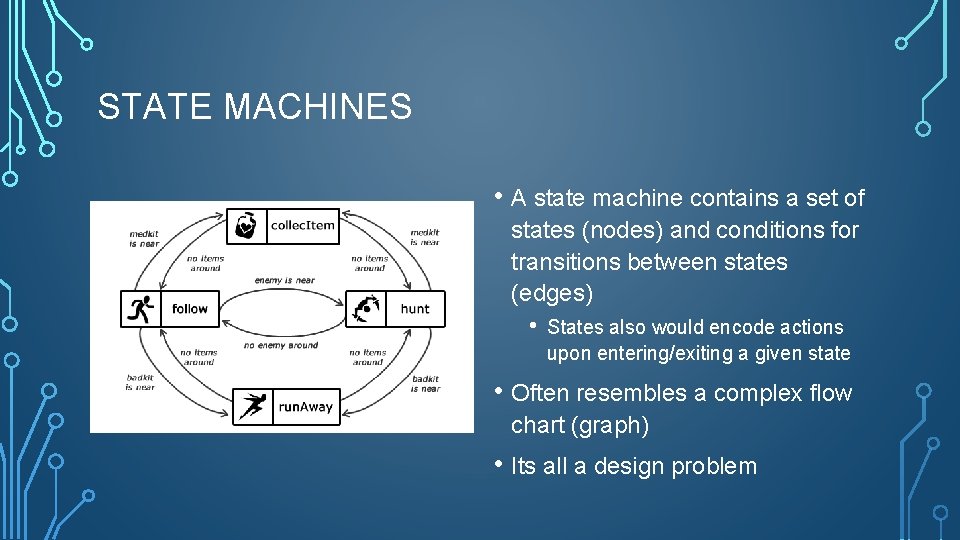 STATE MACHINES • A state machine contains a set of states (nodes) and conditions