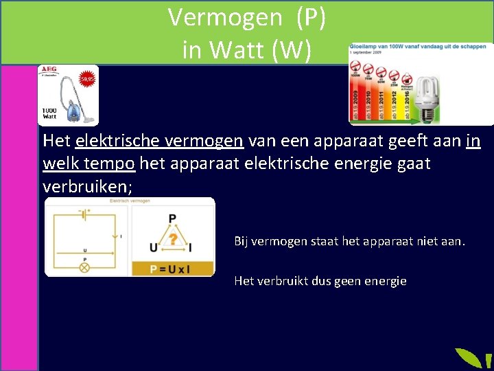 Vermogen (P) in Watt (W) Het elektrische vermogen van een apparaat geeft aan in