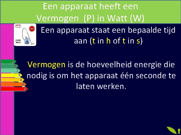 Een apparaat heeft een Vermogen (P) in Watt (W) Een apparaat staat een bepaalde