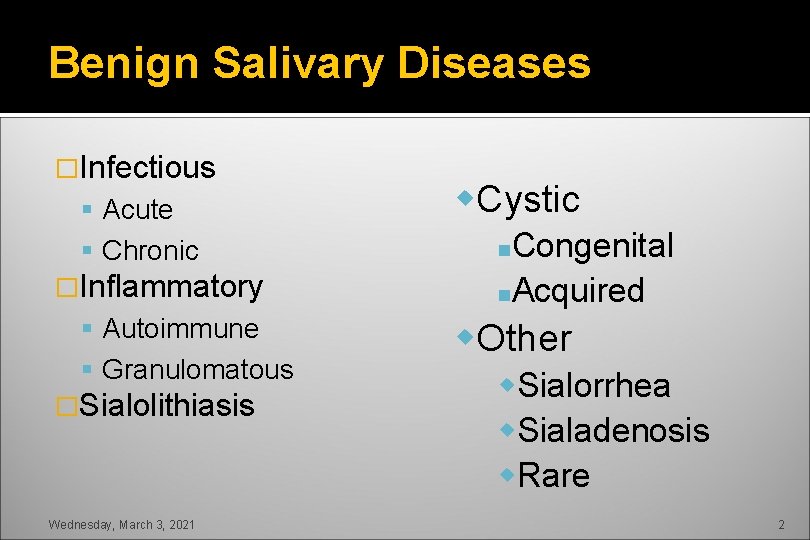 Benign Salivary Diseases �Infectious Acute Chronic �Inflammatory Autoimmune Granulomatous �Sialolithiasis Wednesday, March 3, 2021