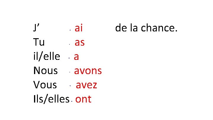  J’ ai de la chance. Tu as il/elle a Nous avons Vous avez