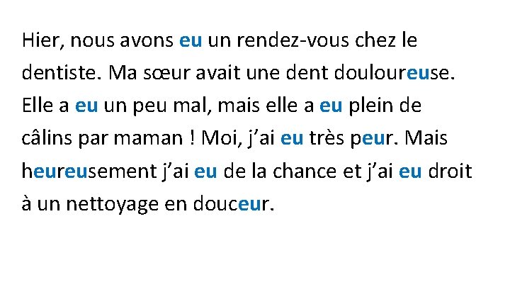 Hier, nous avons eu un rendez-vous chez le dentiste. Ma sœur avait une dent