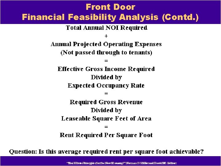 Front Door Financial Feasibility Analysis (Contd. ) “Real. Estate. Principlesfor forthe the. New. Economy”: