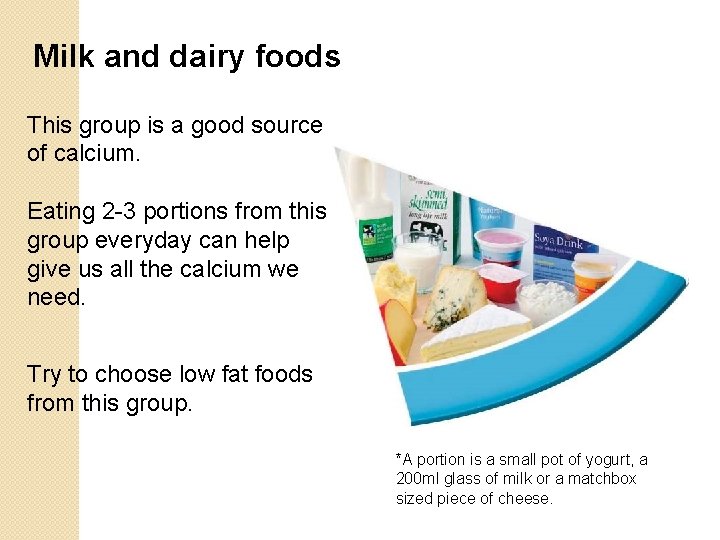 Milk and dairy foods This group is a good source of calcium. Eating 2