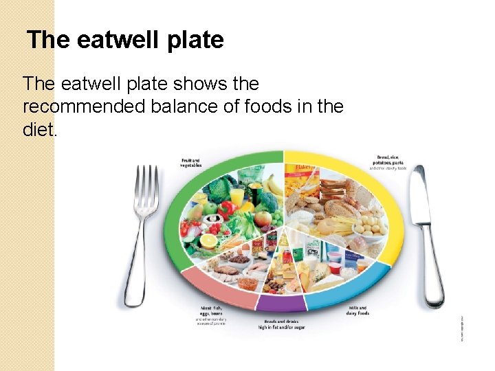 The eatwell plate shows the recommended balance of foods in the diet. 