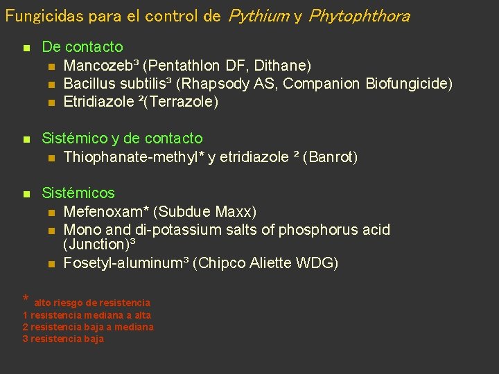 Fungicidas para el control de Pythium y Phytophthora n De contacto n Mancozeb³ (Pentathlon