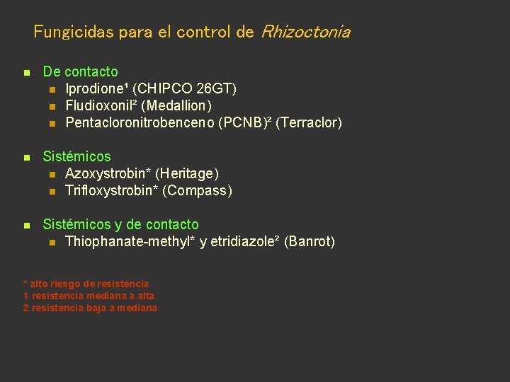 Fungicidas para el control de Rhizoctonia n De contacto n Iprodione¹ (CHIPCO 26 GT)