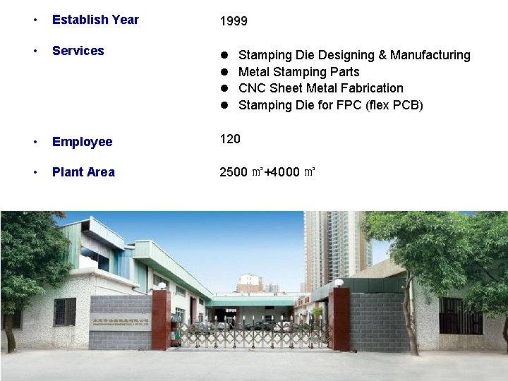  • Establish Year 1999 • Services l l • Employee 120 • Plant