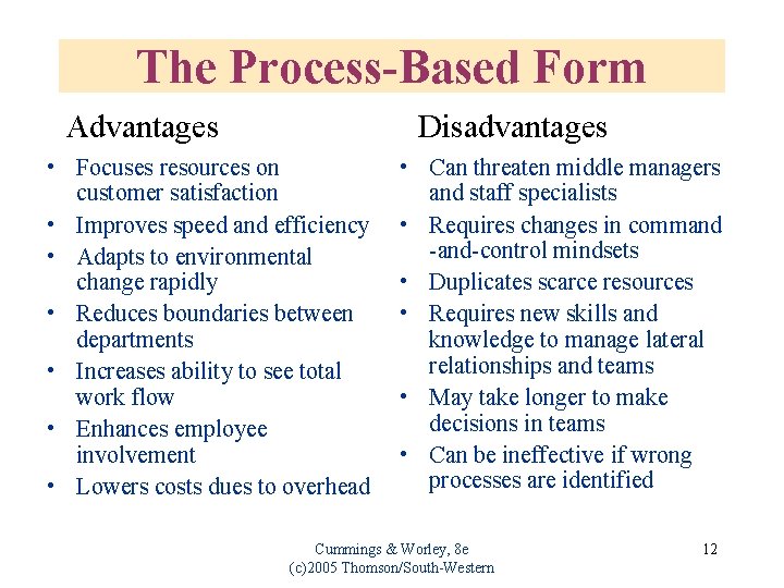 The Process-Based Form Advantages Disadvantages • Focuses resources on customer satisfaction • Improves speed