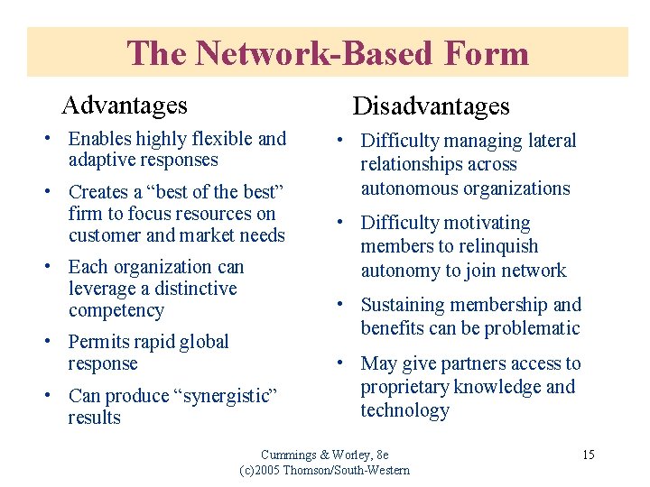 The Network-Based Form Advantages Disadvantages • Enables highly flexible and adaptive responses • Creates