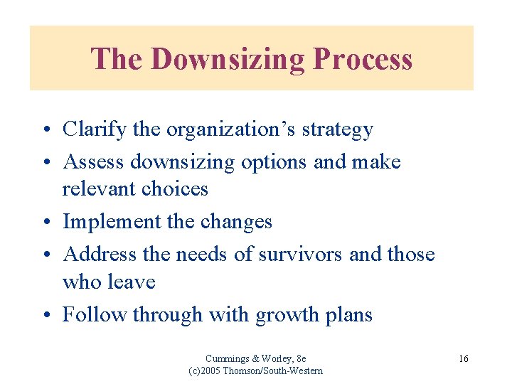 The Downsizing Process • Clarify the organization’s strategy • Assess downsizing options and make