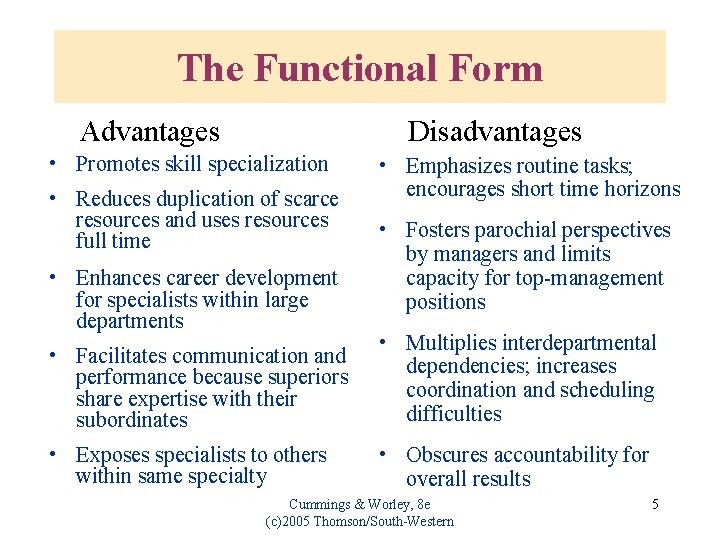 The Functional Form Advantages Disadvantages • Promotes skill specialization • Reduces duplication of scarce