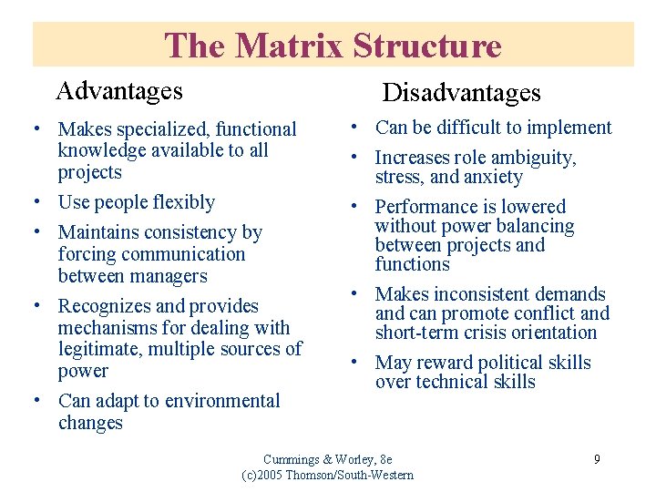 The Matrix Structure Advantages Disadvantages • Makes specialized, functional knowledge available to all projects