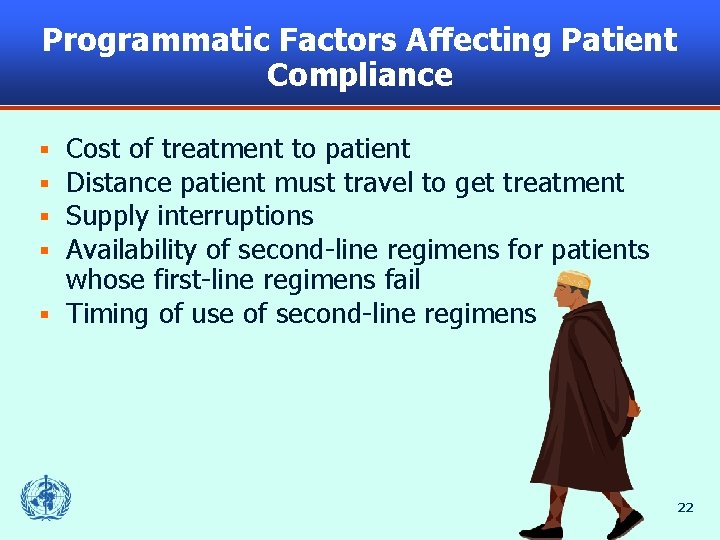 Programmatic Factors Affecting Patient Compliance Cost of treatment to patient Distance patient must travel
