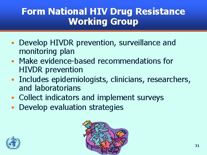 Form National HIV Drug Resistance Working Group § § § Develop HIVDR prevention, surveillance