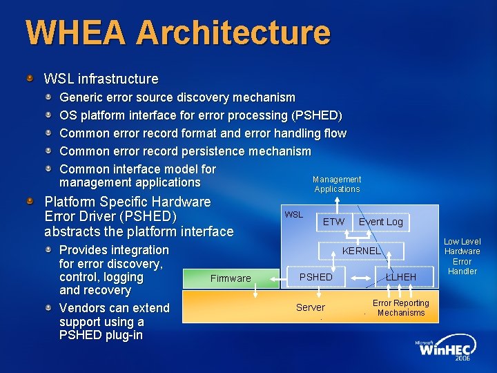 WHEA Architecture WSL infrastructure Generic error source discovery mechanism OS platform interface for error