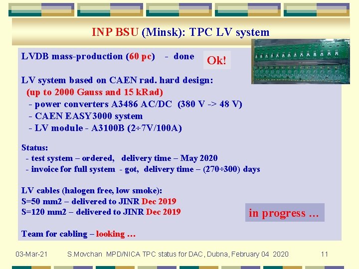 INP BSU (Minsk): TPC LV system LVDB mass-production (60 pc) - done Ok! LV