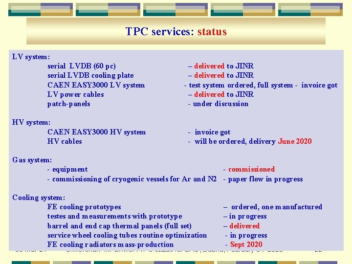 TPC services: status LV system: serial LVDB (60 pc) serial LVDB cooling plate CAEN