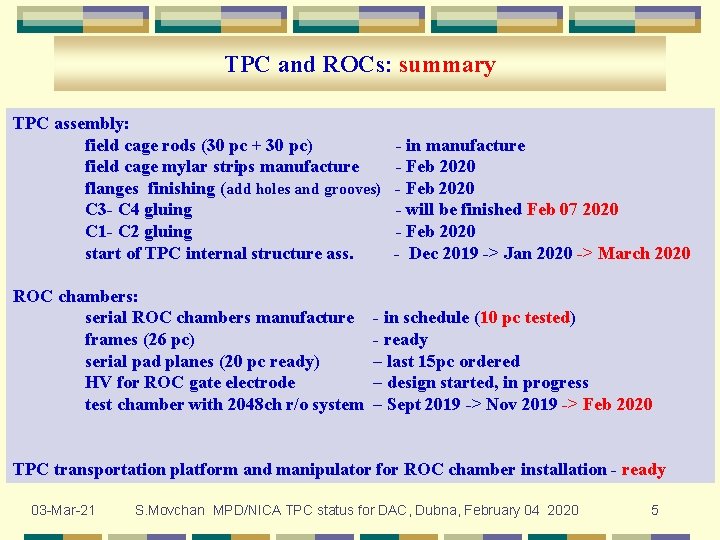 TPC and ROCs: summary TPC assembly: field cage rods (30 pc + 30 pc)