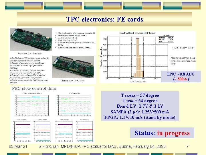 TPC electronics: FE cards ENC ~ 0. 8 ADC (~ 500 e-) T SAMPA