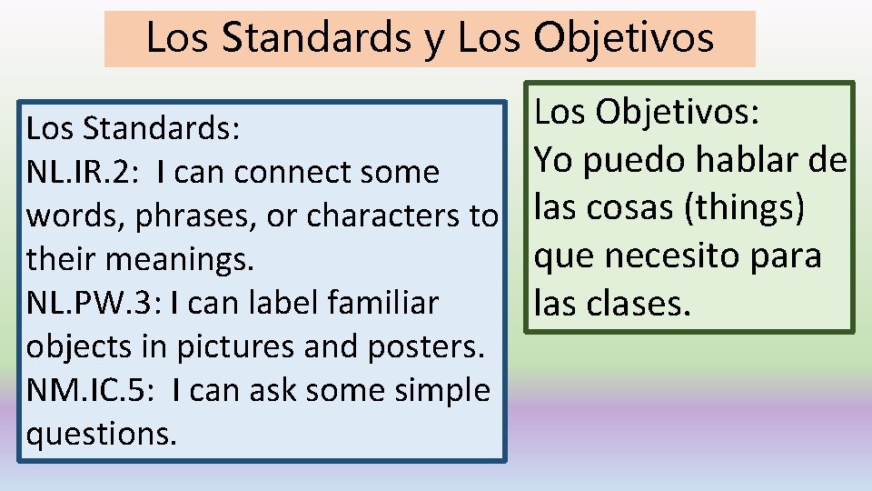 Los Standards y Los Objetivos: Los Standards: Yo puedo hablar de NL. IR. 2: