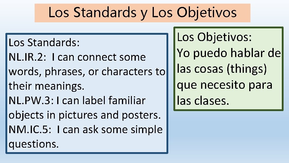 Los Standards y Los Objetivos: Los Standards: Yo puedo hablar de NL. IR. 2: