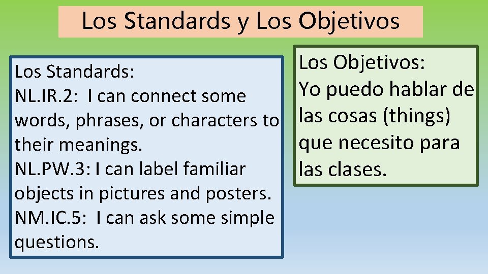 Los Standards y Los Objetivos: Los Standards: Yo puedo hablar de NL. IR. 2: