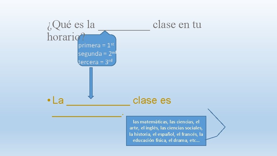 ¿Qué es la _____ clase en tu horario? primera = 1 st segunda = ¿Qué es la _____ clase en tu horario? primera = 1 st segunda =