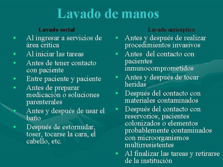 Lavado de manos Lavado social • • Al ingresar a servicios de área critica