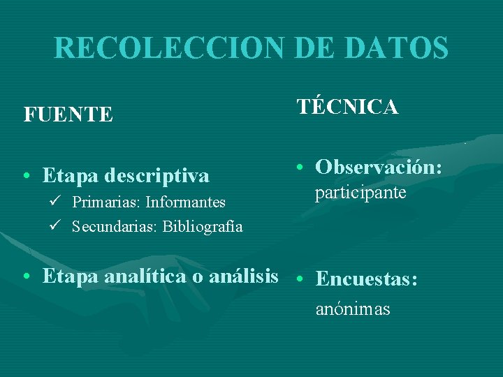 RECOLECCION DE DATOS FUENTE TÉCNICA • Etapa descriptiva • Observación: ü Primarias: Informantes ü