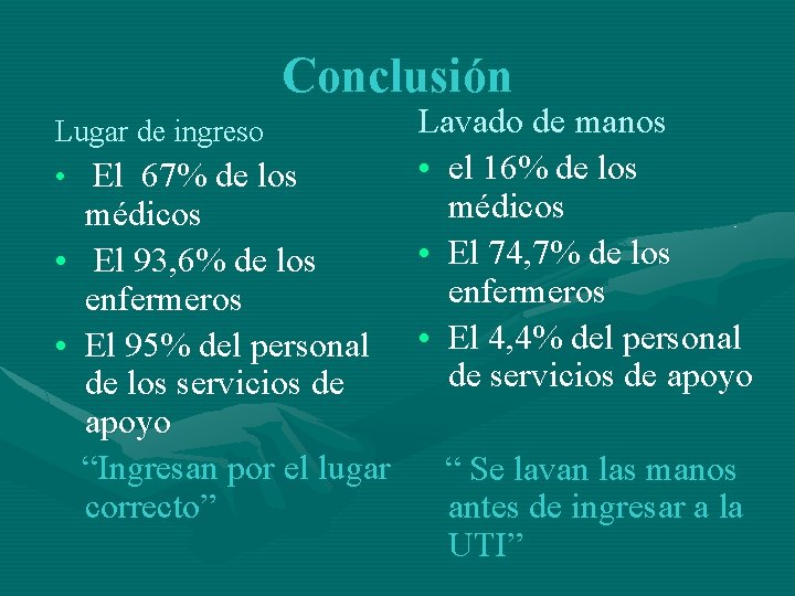 Conclusión Lugar de ingreso • El 67% de los médicos • El 93, 6%