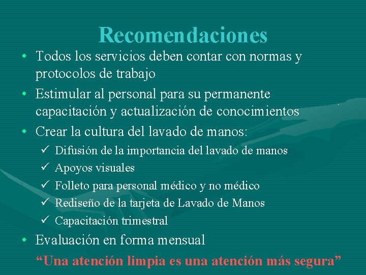 Recomendaciones • Todos los servicios deben contar con normas y protocolos de trabajo •