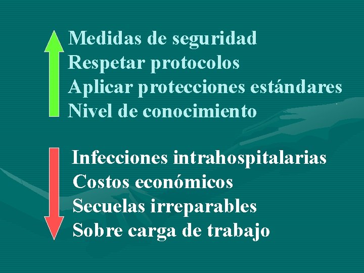 Medidas de seguridad Respetar protocolos Aplicar protecciones estándares Nivel de conocimiento Infecciones intrahospitalarias Costos