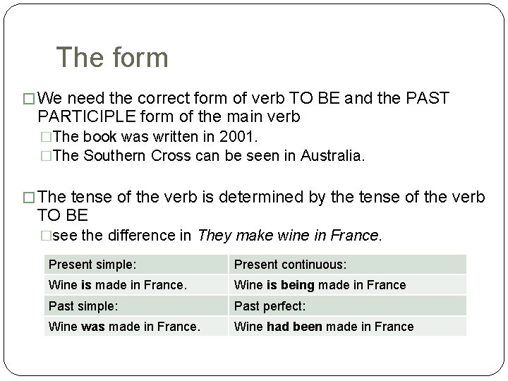 The form � We need the correct form of verb TO BE and the