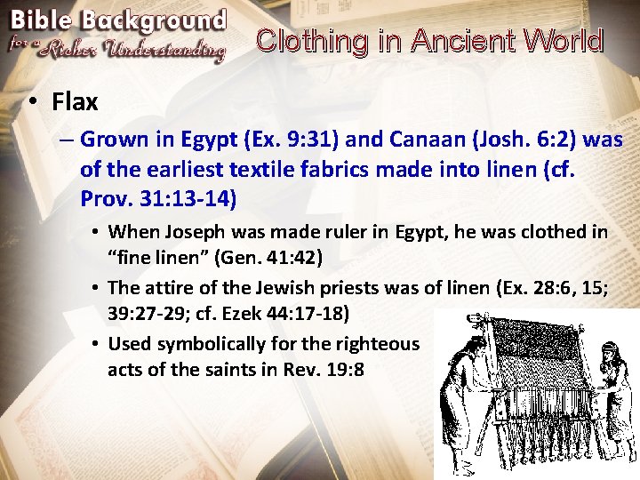Clothing in Ancient World • Flax – Grown in Egypt (Ex. 9: 31) and