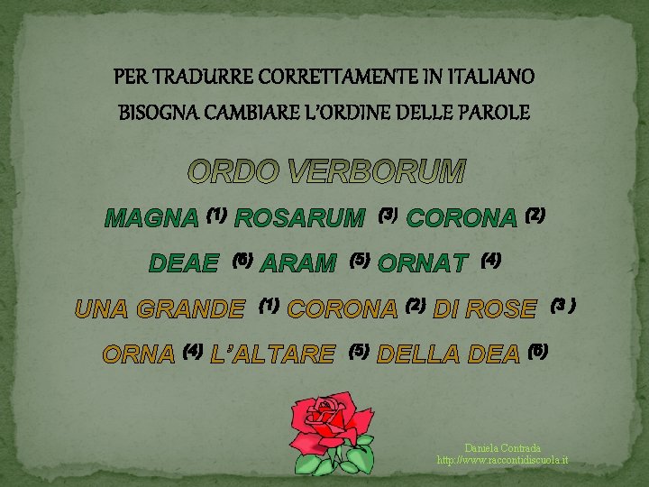 PER TRADURRE CORRETTAMENTE IN ITALIANO BISOGNA CAMBIARE L’ORDINE DELLE PAROLE MAGNA (1) ROSARUM DEAE