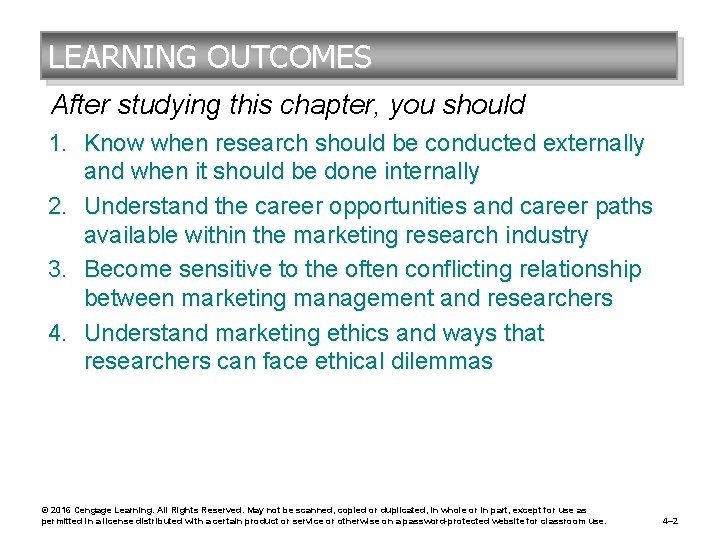LEARNING OUTCOMES After studying this chapter, you should 1. Know when research should be