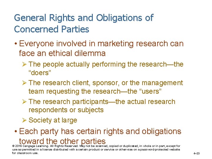 General Rights and Obligations of Concerned Parties • Everyone involved in marketing research can
