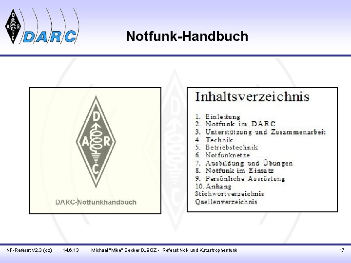 Notfunk-Handbuch NF-Referat V 2. 3 (oz) 14. 6. 13 Michael "Mike" Becker DJ 9